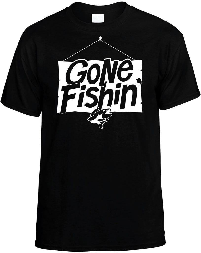 gone fishing sign with fish mens funny t-shirt black
