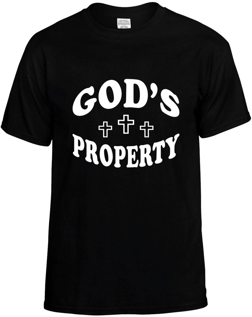 gods property with three crosses mens funny t-shirt black