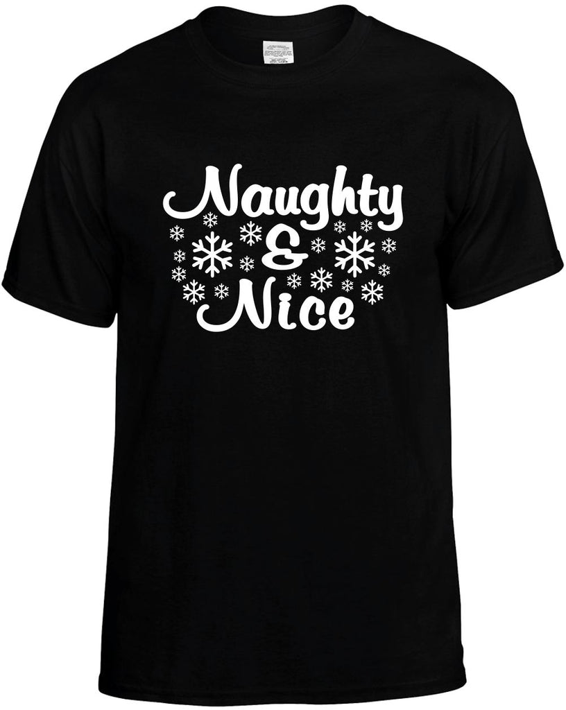 naughty and nice with snow flakes mens funny t-shirt black